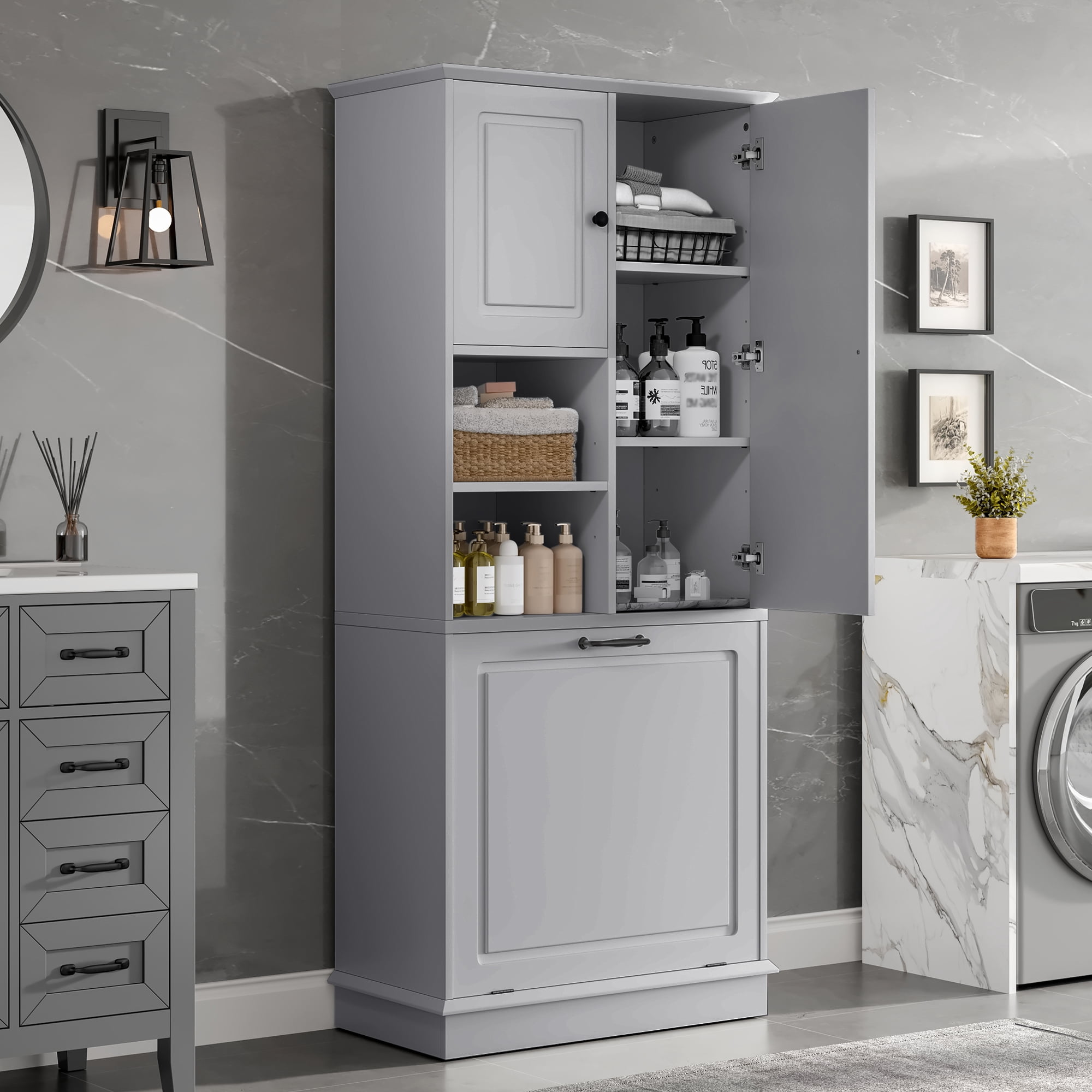 Tall Storage Cabinet with Adjustable Shelves, Large Flip-Out Basket & Enclosed Cabinets – Perfect for Bathroom, Living Room, or Office, MDF Material with Aluminum Alloy Handles