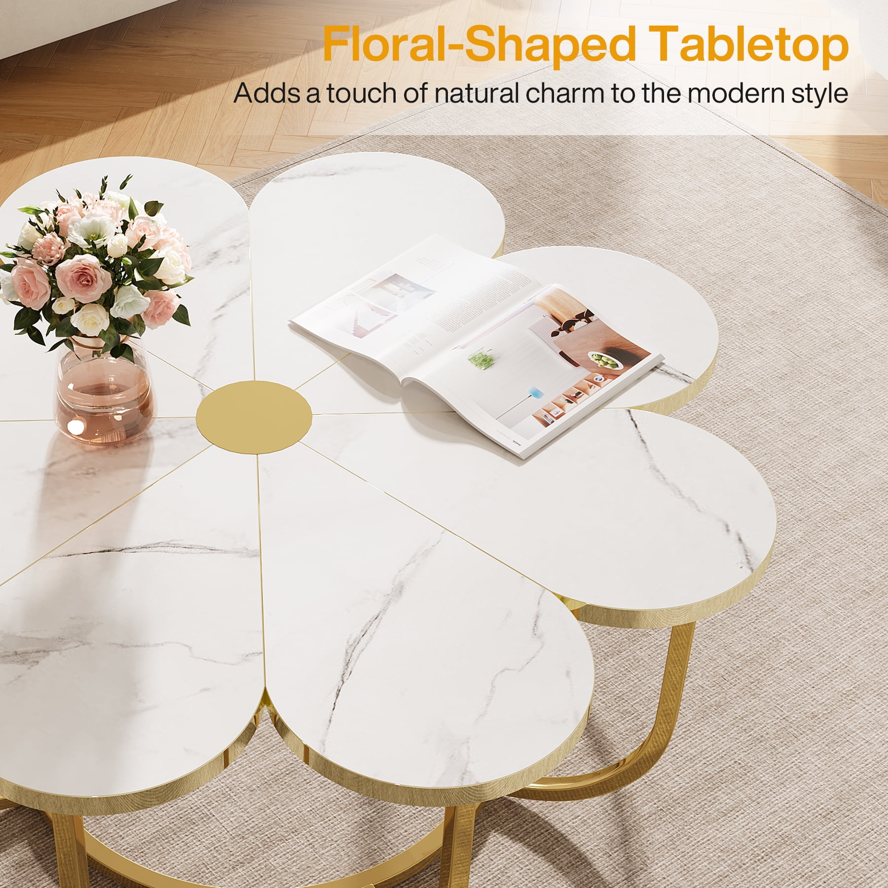 Fnova 39.37" Flower-Shaped Coffee Table, Modern Floral Accent Center Table with Faux Marble Tabletop & Metal Frame for Living Room, Bedroom & Lounge