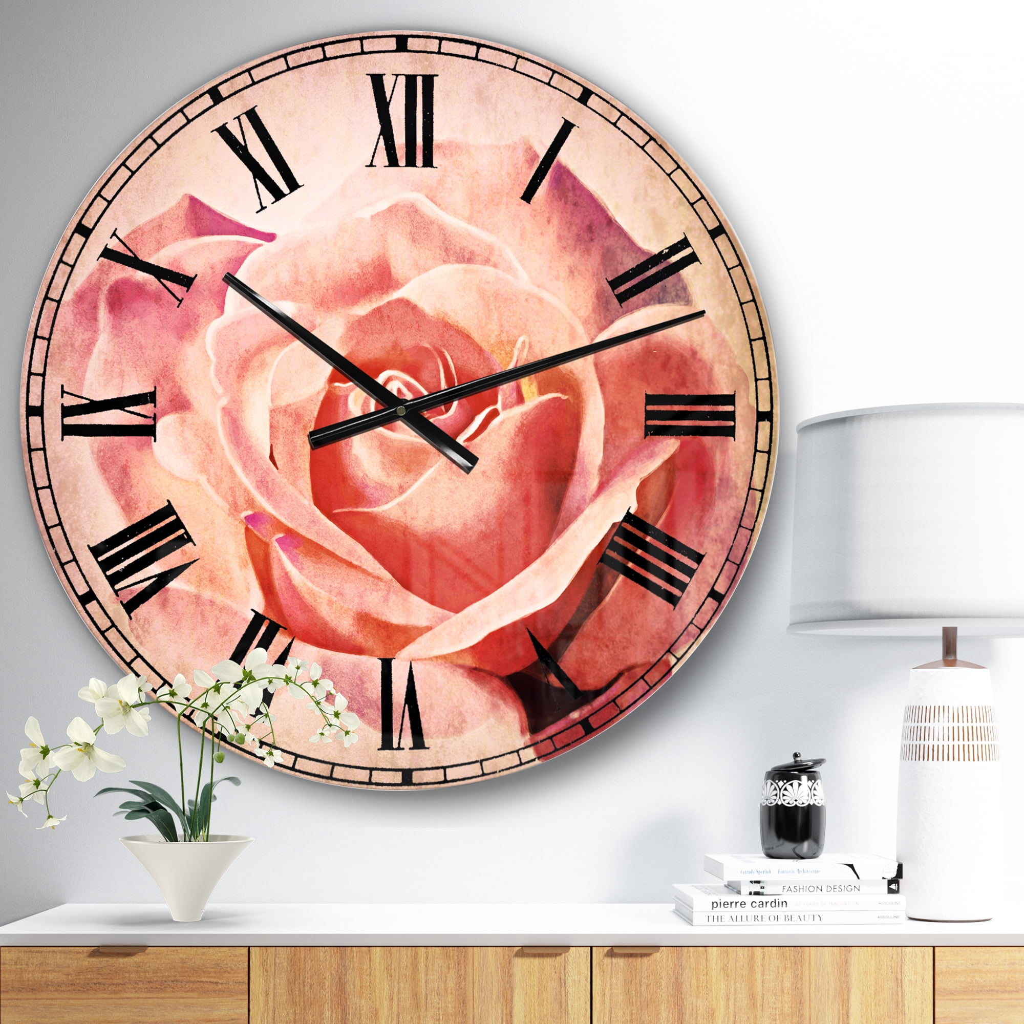 Pink Rose Sketch on White Background' Flowers Oversized Metal Clock