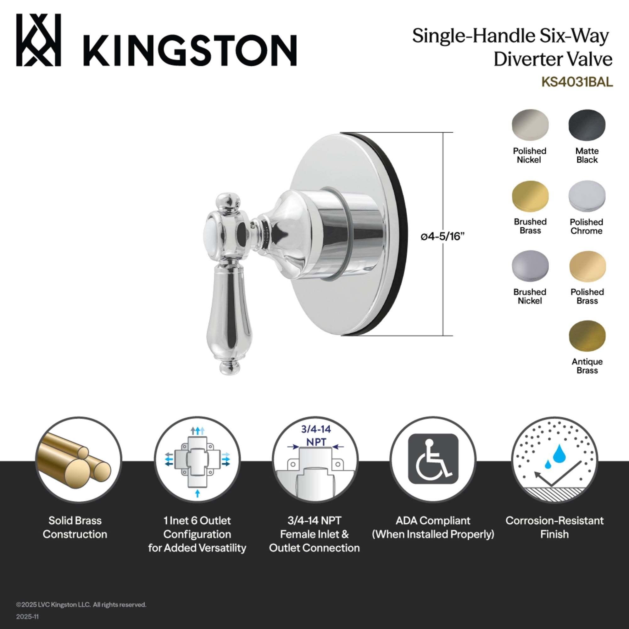 Kingston Brass KS4033BAL Heirloom Single-Handle Six-Way Diverter Valve with Round Trim Kit in Antique Brass