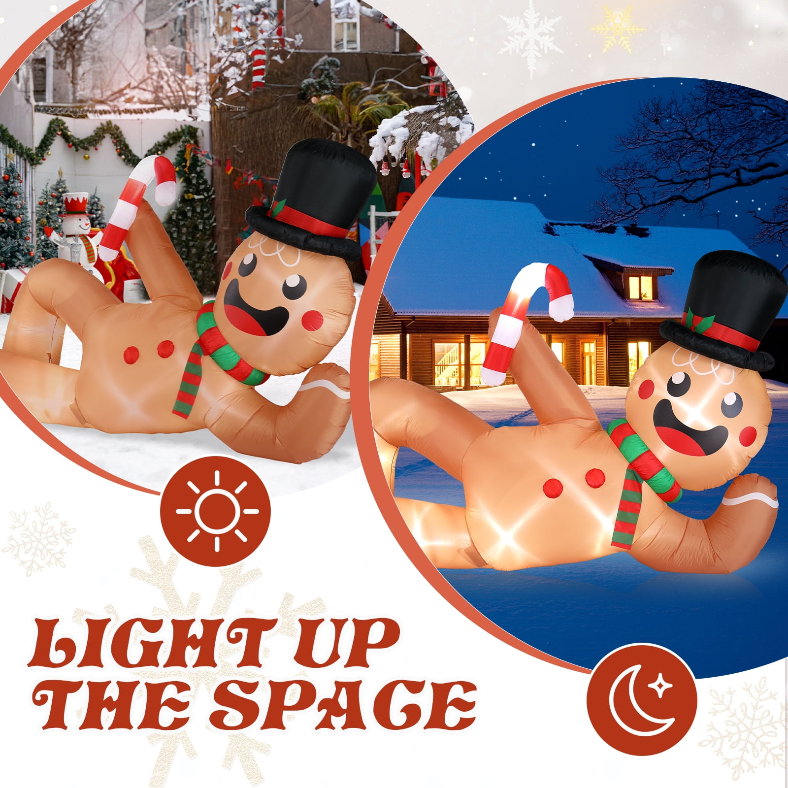 9.8ft Reclining Gingerbread Man, 6 LED Lights, Drawstring Bag, Christmas Inflatable Decoration, 12V, 1500mA, US Standard