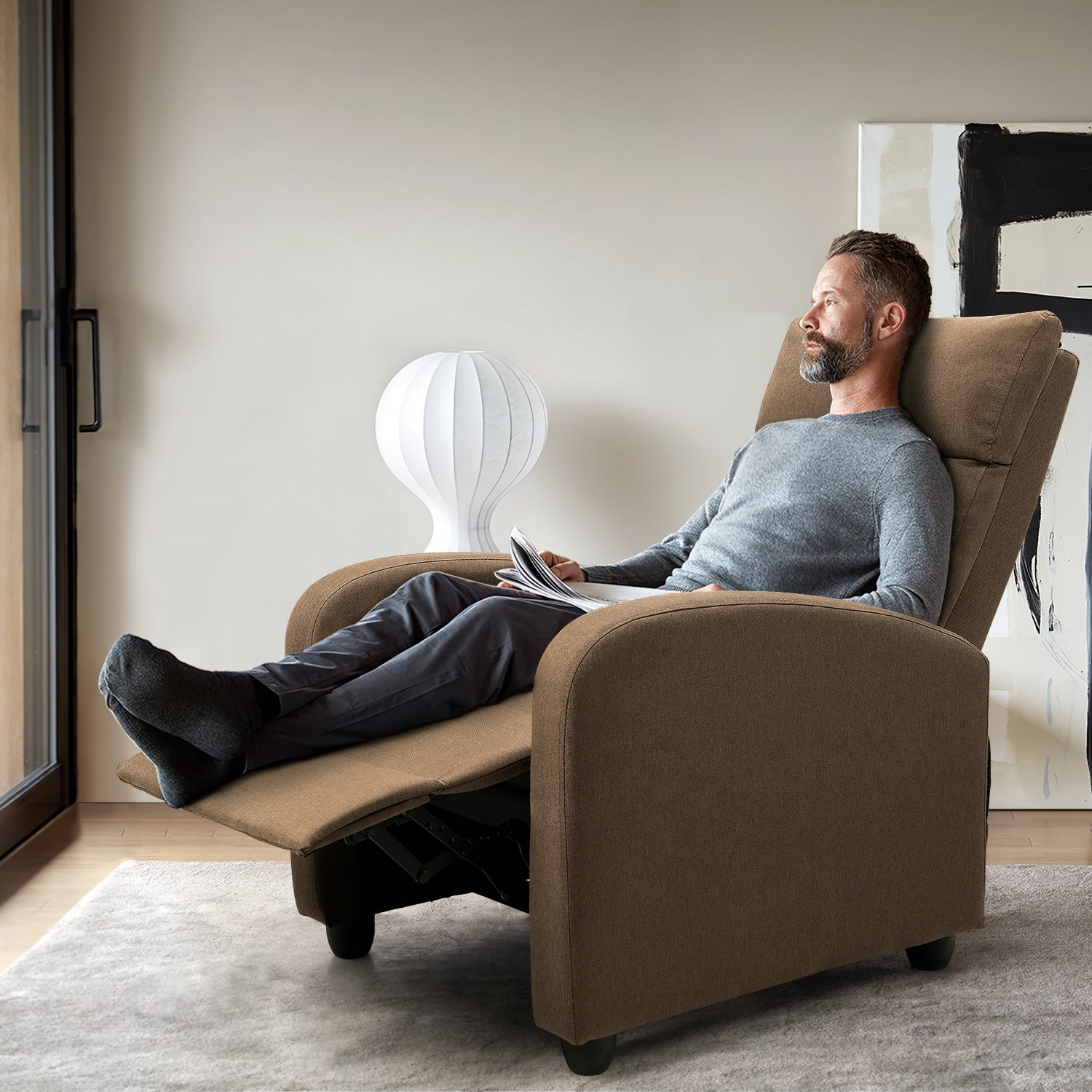 Vineego Home Theater Recliner with Padded Seat and Backrest, Brown Fabric
