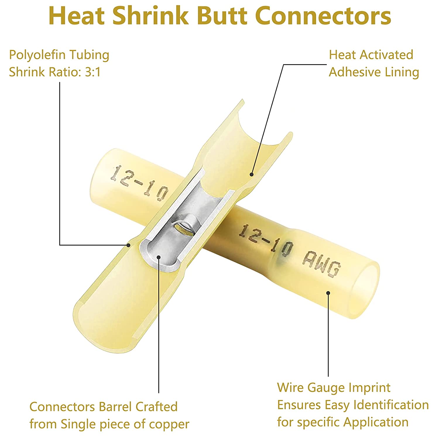 120 pcs yellow heat shrink terminal connectors, 12-10 waterproof insulated wire connectors, crimp and heat shrink terminal connector terminals suitable for cars, ships, trucks, trailers, stereo syste