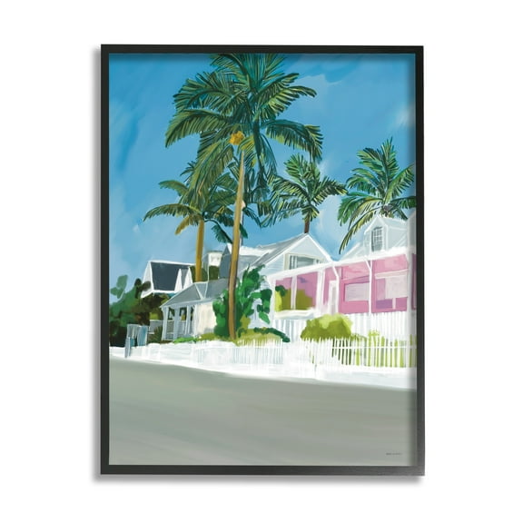 Stupell Industries Tropical Palm Trees Summer Vacation Resort Houses Graphic Art Black Framed Art Print Wall Art, Design by Amelia Noyes
