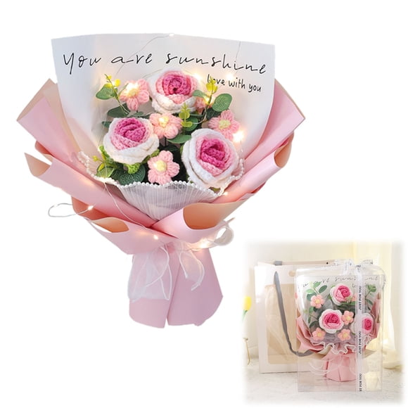 Meiiso Bouquet en Laine Tricoté Tournesol Rose Illet Cadeau de Vacances Rose, Bouquet Di Fiori Rose Girasole Garofano Cadeau Festa Della(A)