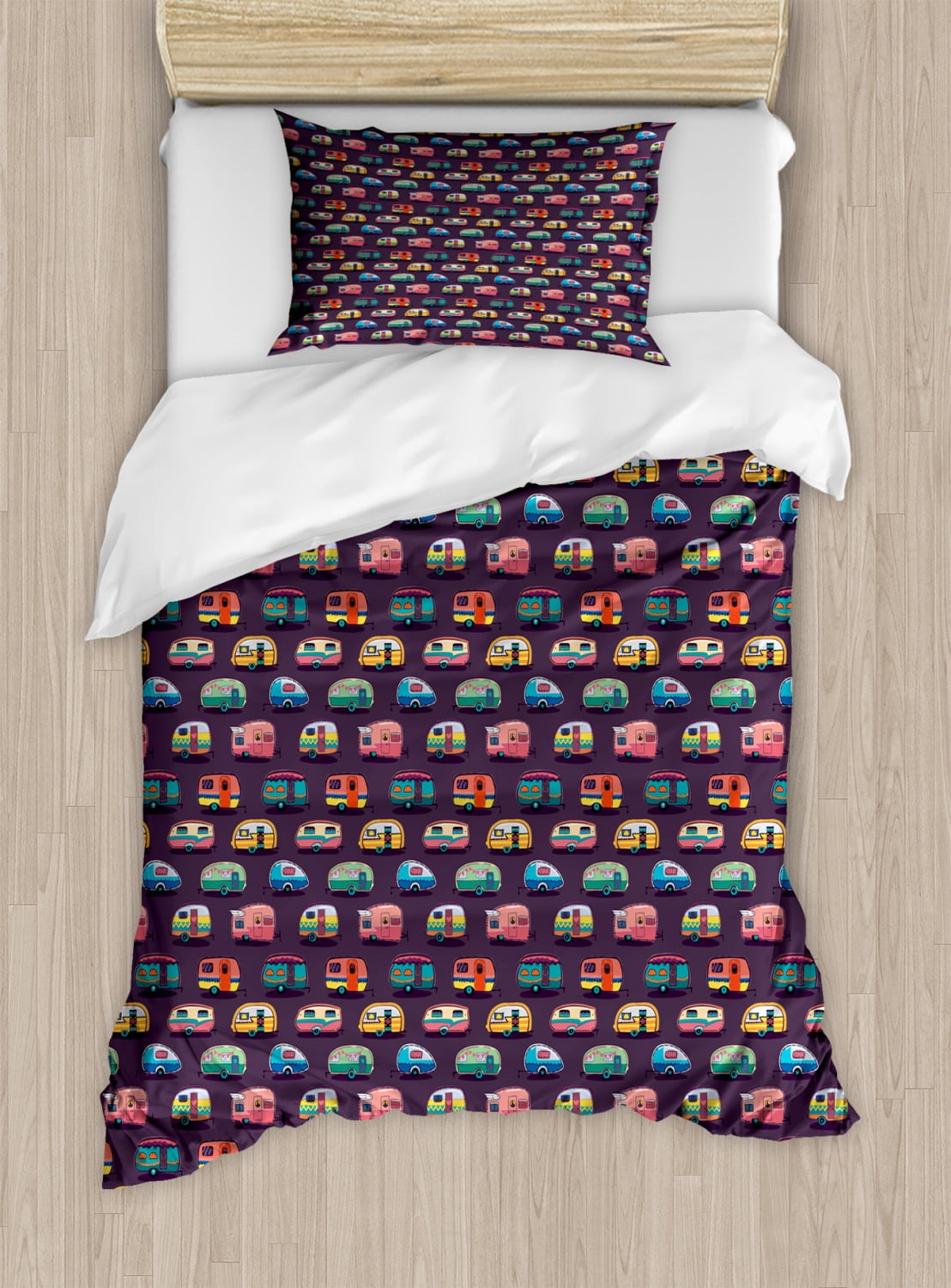 Happy Camper Duvet Cover Set, Sweet Retro Travel Themed Continuous