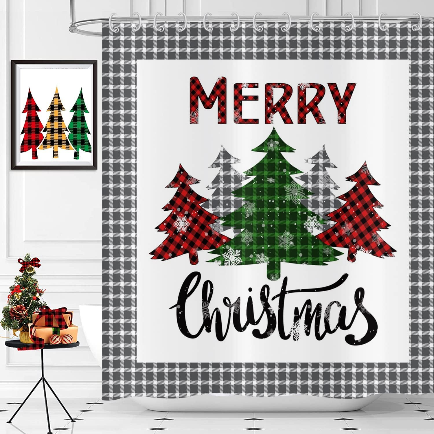 Christmas Tree Shower Curtain, Black White Buffalo Check Plaid Xmas Tree Farmhouse Bathroom