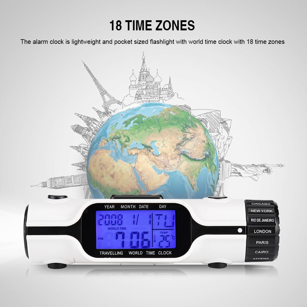 New World Time Travel Alarm Clock Digital LCD Display Thermometer LED Flashlight 
