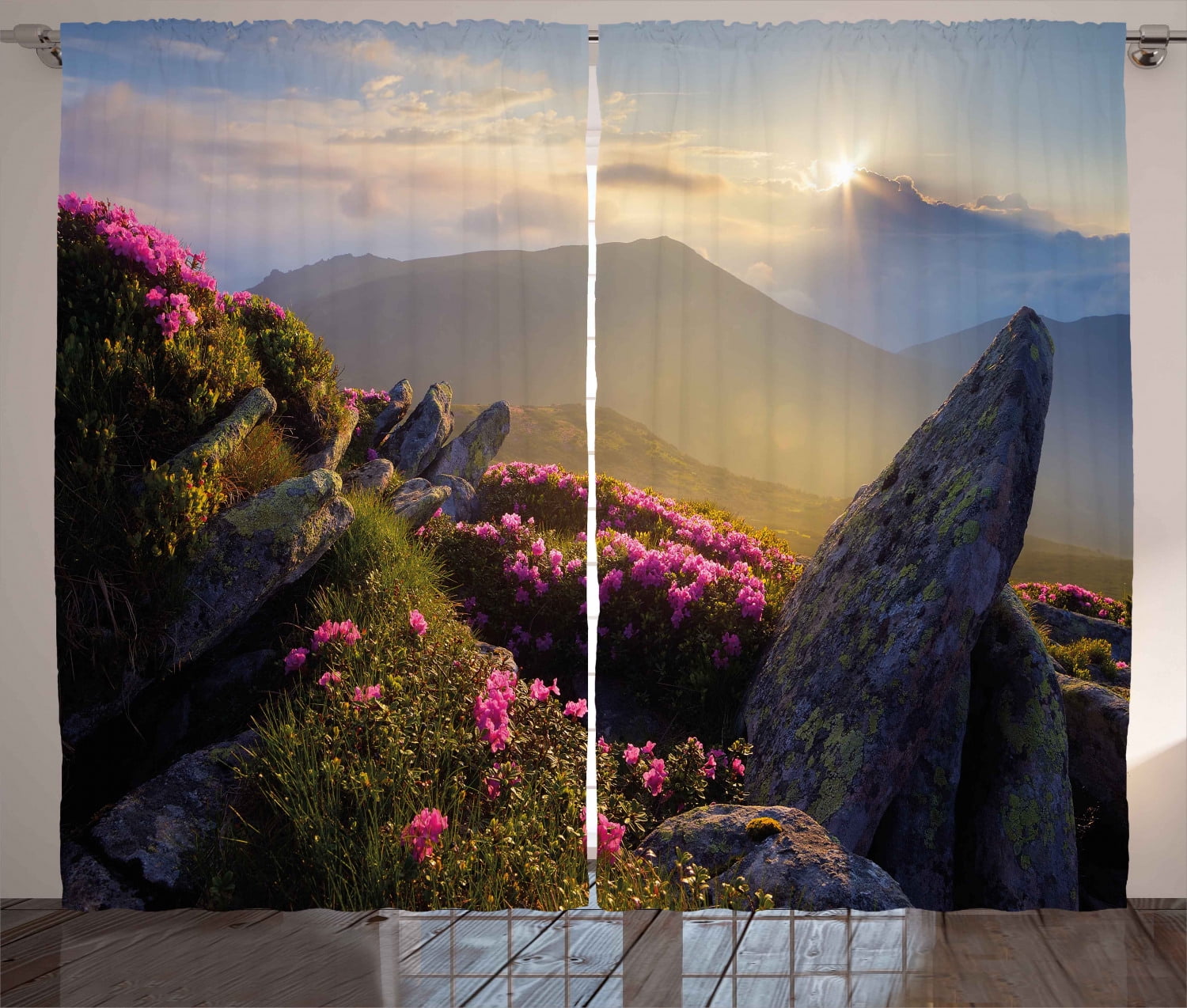 Mountain Curtains 2 Panels Set, Sunrise in Valley Meadow with Rhododendrons Wildlife Idyllic