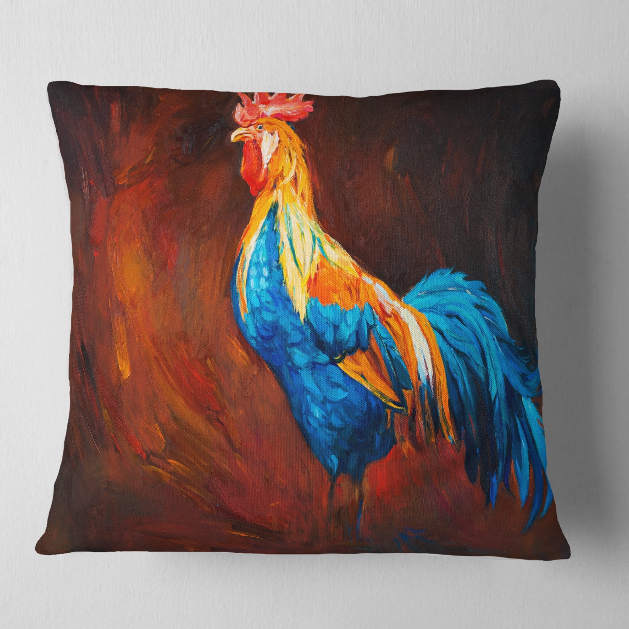 Designart Blue and Orange Rooster - Animal Throw Pillow - 16x16