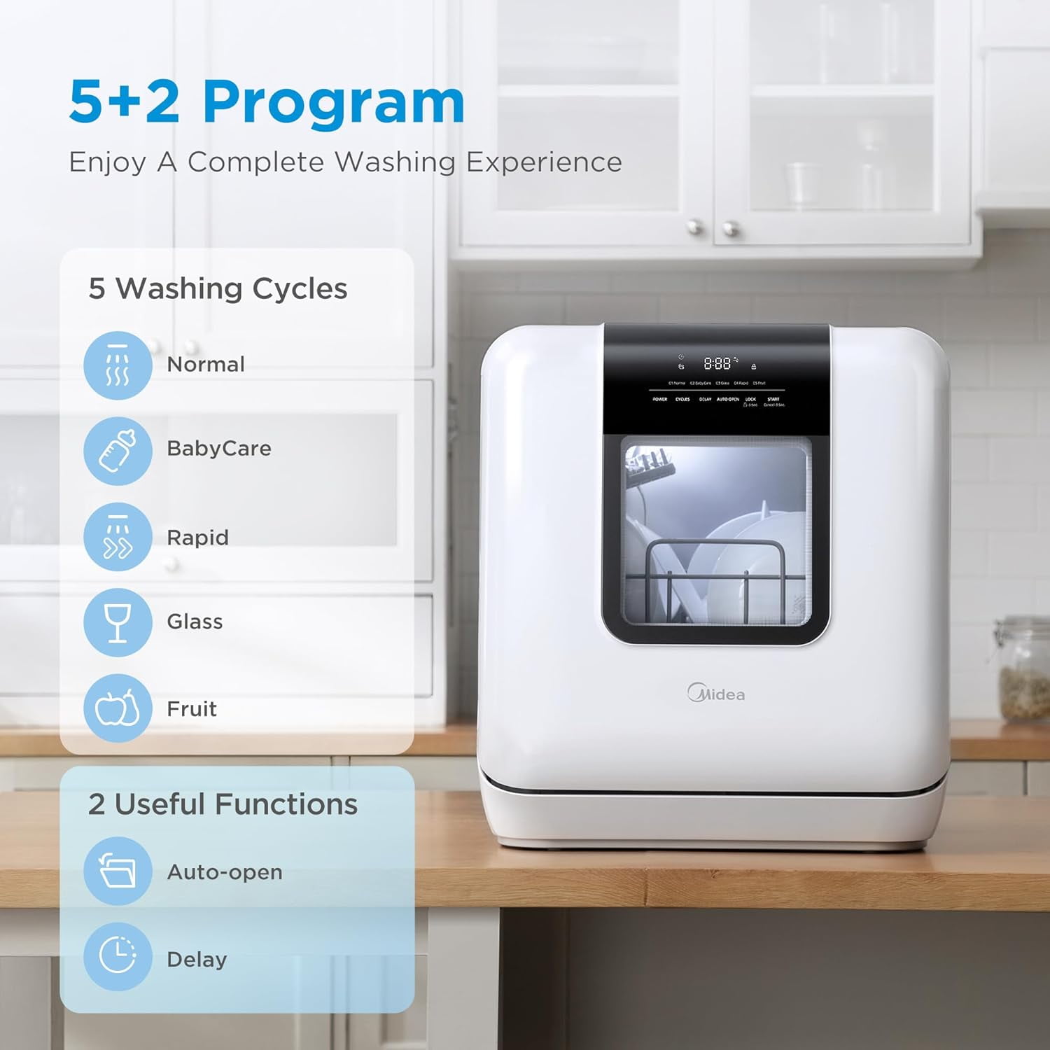 Midea Portable Countertop Dishwasher, 6-Liter Tank, Auto Open Door, 7 Wash Programs, UV Hygiene, White