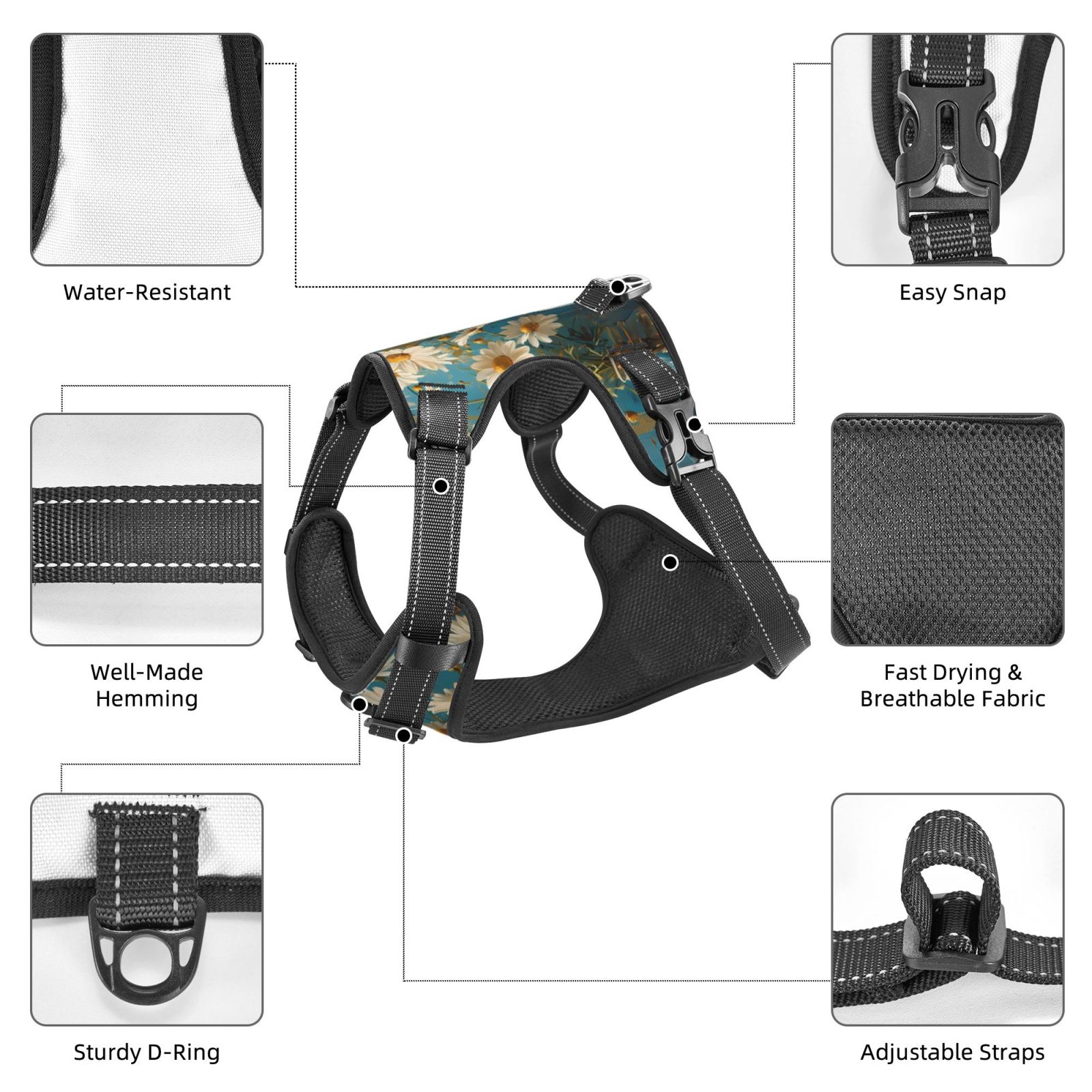 Fuzoiu Delicate White Daisy Jars Print Reflective Dog Harness,Adjustable, Breathable Pet Vest,Dog Harness No Pull,No Choke Pet Vest for Small, Medium, and Large Dogs-X-Large