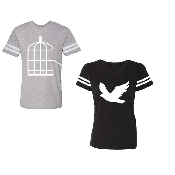 Bird CageUnisex Couple Matching Cotton Jersey style T-Shirt Contrasting stripes on sleeves (Men Heather / Women Black) (Men S / Women S)