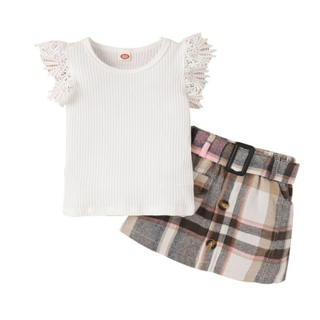 

ZIZOCWA Baby Girl Outfit Set Toddler Girls Lace Fly Sleeve Ribbed Vest Tops Plaid Prints Skirts Outfits Checke Pants Girls Little Girls Clothes Gab Baby Girl 5 Girl Clothes New Born Pack New Home Bl