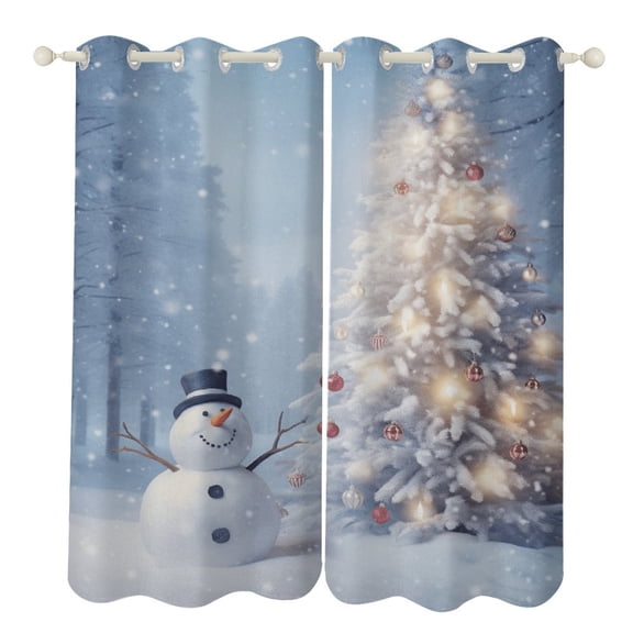 Merry Christmas Snowman Christmas Tree Blackout Curtains, Watercolor Pattern Window Treatment Grommet Curtains for Bedroom Thermal Insulated Window Curtains for Living Room 2 Panel Set