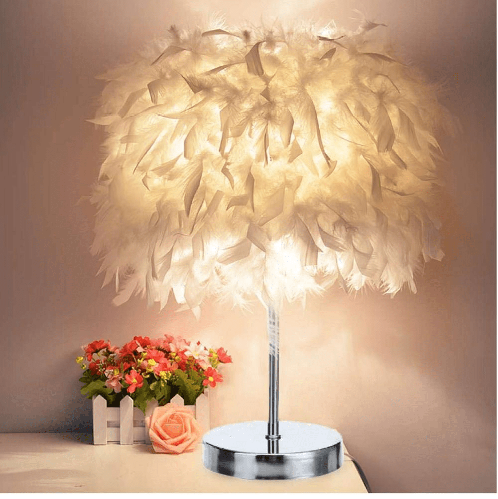White Feather Shade Table Lamp Metal Vintage Elegant Bedside Night Light Decor ! 