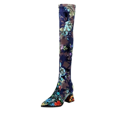 

Boots Women Custom Made Winter Pointed Toe Floral Print Skintight Stiletto Heel Thigh High Booties