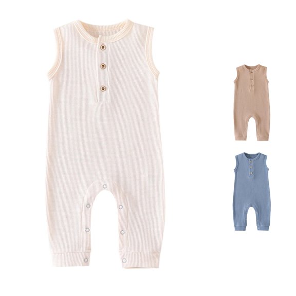 FINALGANG Baby Boys Girls Crew Neck Solid Color Waffle Knit Sleeveless Jumpsuit Daily Wear Regular Fit Half Placket Button Down Snap Crotch Romper For Leisure Romper 6-9 Months