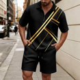 thumbnail image 2 of Men Striped Waffle Knit 2 Piece Outfit, Half Zip Short Sleeve Polo Shirt & Matching Drawstring Shorts Summer Casual Set Black XL, 2 of 4