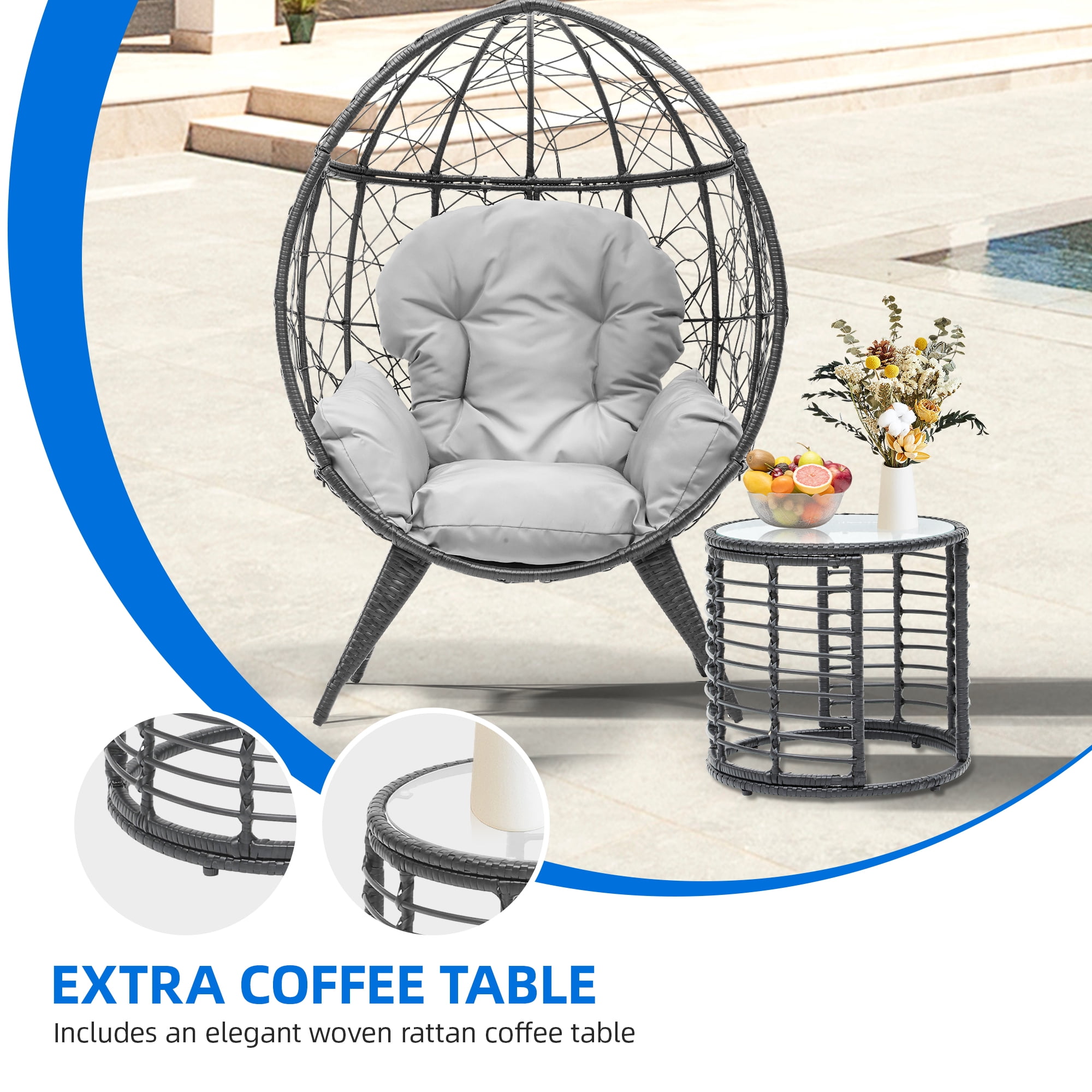 Uforic Outdoor Rattan Egg Chair with Table, Cushioned for Patio, Garden, Backyard, Porch, Gray