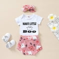thumbnail image 4 of Mercatoo Toddler Baby Girl Clothes Set Short Sleeve Letter Romper Tops and Toddler Girls Cartoon Print Shorts Headband 3Pcs, 4 of 9