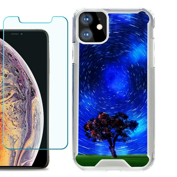 For Apple iPhone 11 Case, Hybrid Bumper Phone Case, with Tempered Glass Screen Protector, by OneToughShield ® - Star Trails Tree