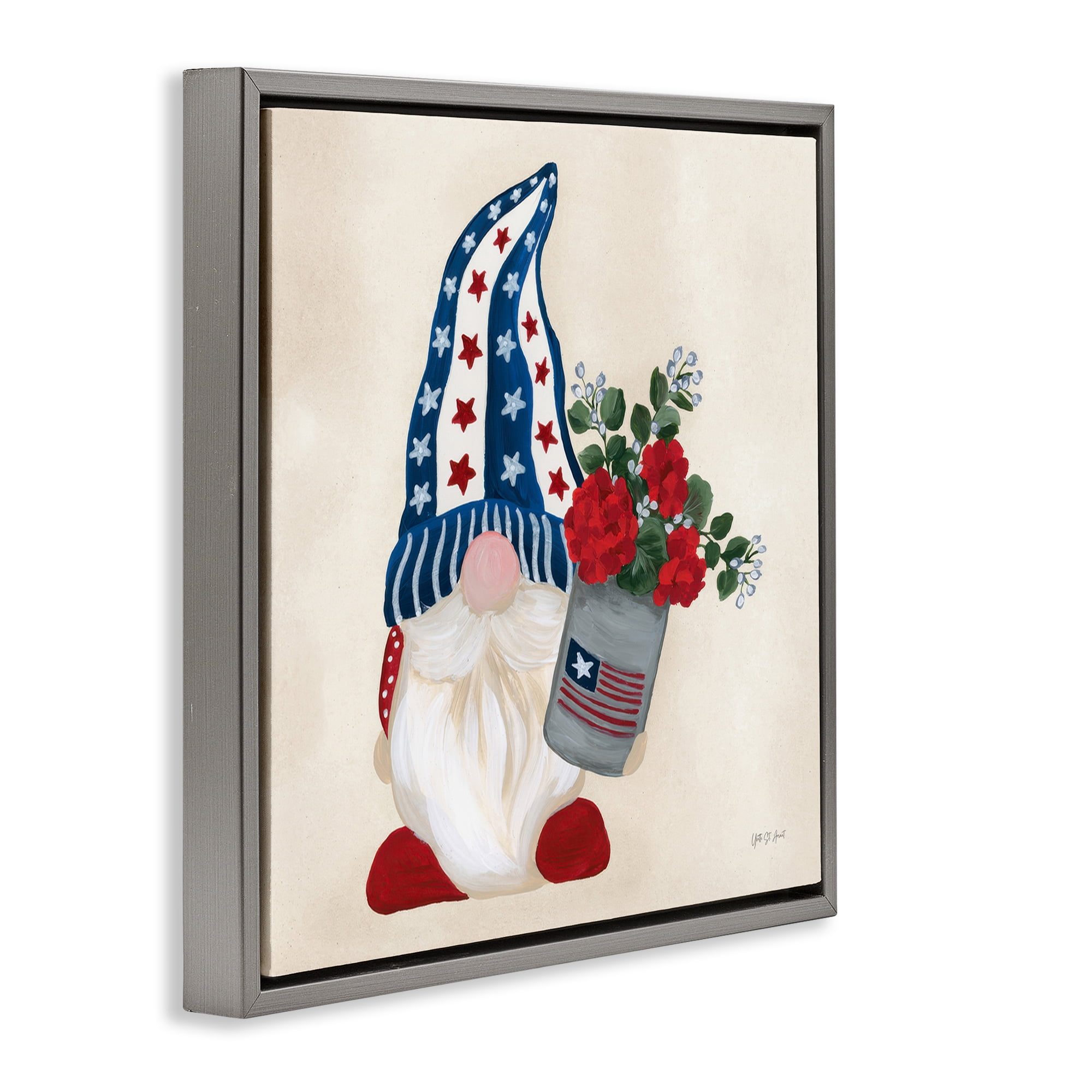 Stupell Industries Americana Summer Gnome Fantasy & Sci-Fi Painting Gray Floater Framed Canvas Art Print Wall Art, 25 x 25