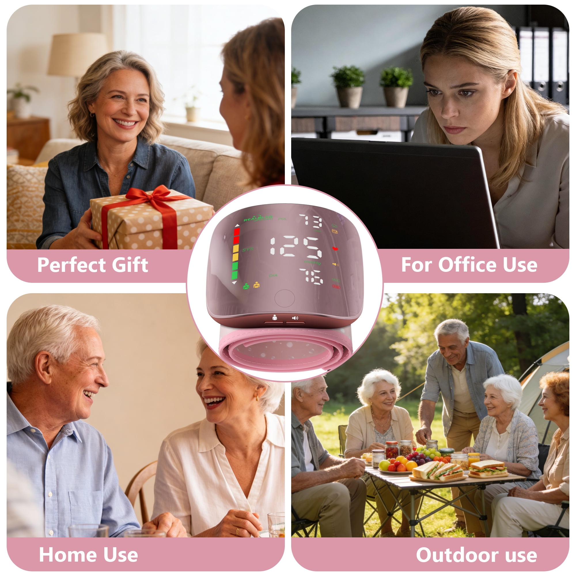 Ziqing Automatic Wrist-Worn Digital Blood Pressure Monitor - Rechargeable, Large LED Display, Home Use, 2 x 99 Memory Functions, Pink