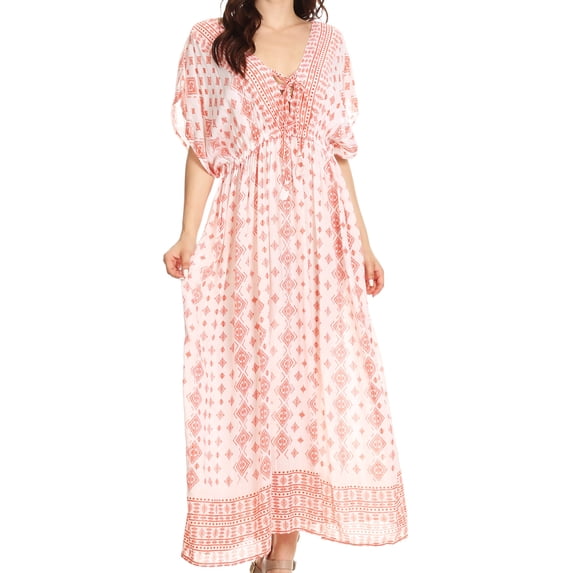 Sakkas Sofia Aztec Print V-neck Caftan Summer Long Maxi Dress - Orange - One Size Regular