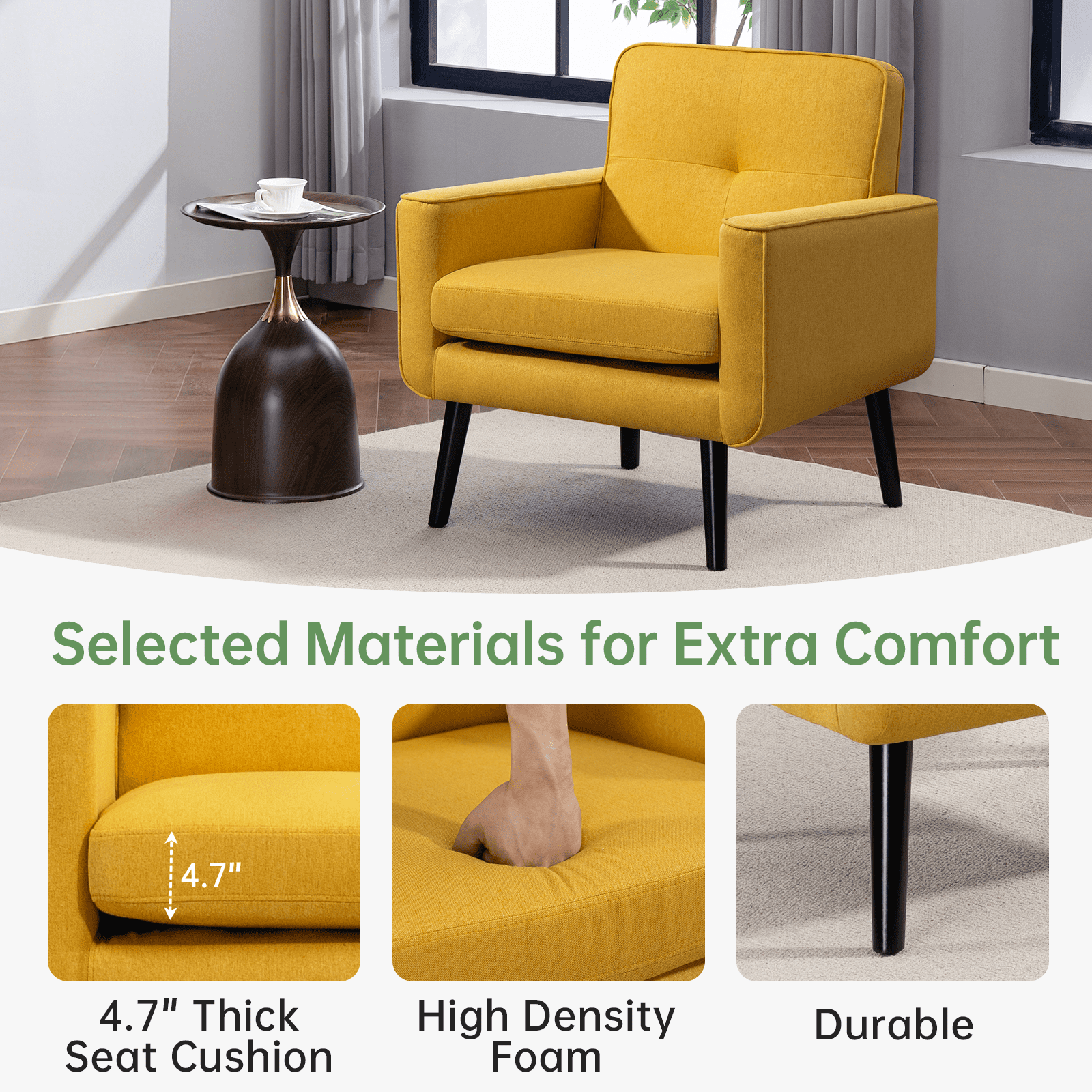 Mid-Century Modern Accent Chairs Set of 2 Upholstered Fabric Armchairs with Button Tufted Back and Solid Wood Legs, Cozy Side Chairs for Living Room, Bedroom, Office, or Cafe (Yellow)