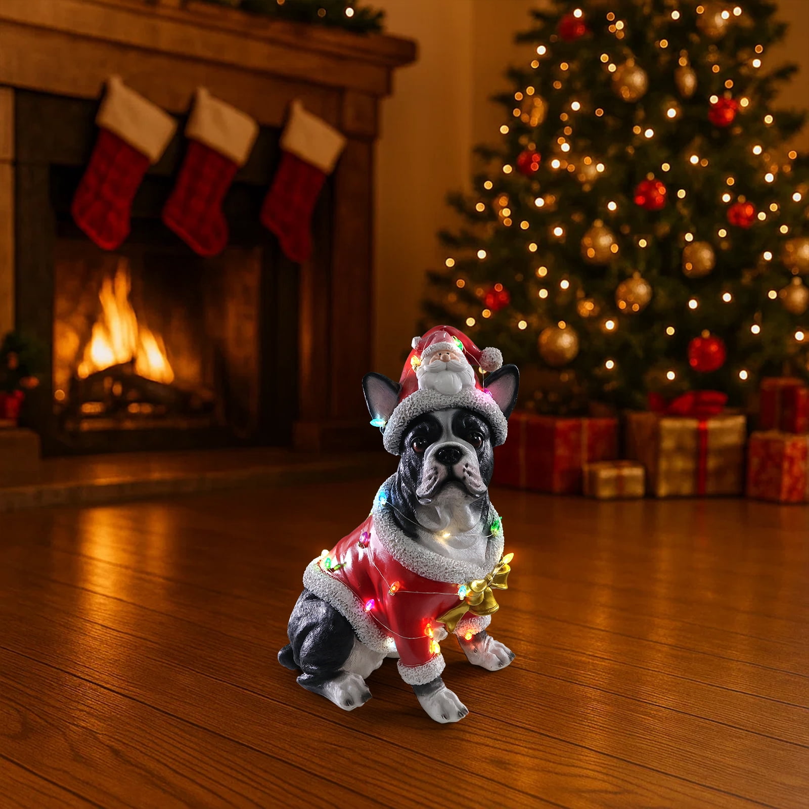 French Bulldog Santa Outfit Christmas Dog Statue with Santa Hat Bulb Accents Holiday Tabletop Decor