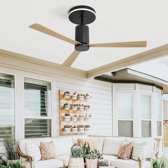 JESTOP 52 Inch Flush Mount Ceiling Fan with Led Light and Remote Control, 3 ABS Blades Noiseless Reversible DC Motor for Indoor Outdoor
