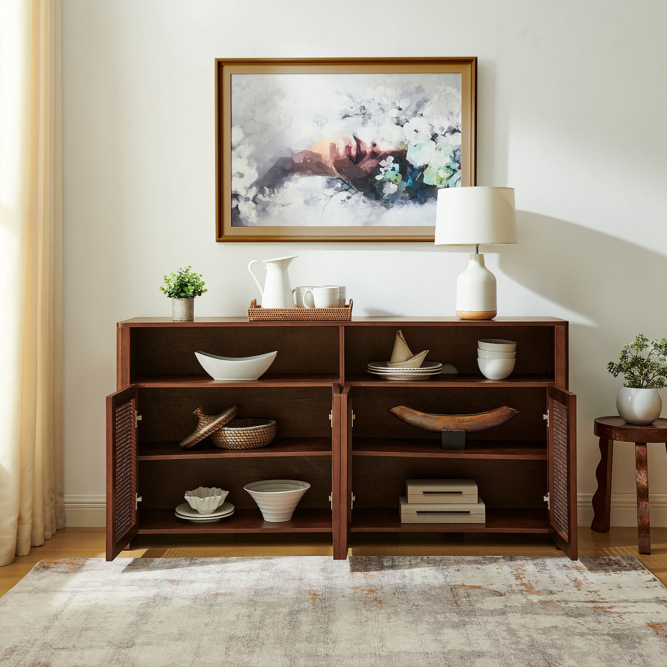 GDF Studio 63" Mid Century Modern Rattan Sideboard Buffet Cabinet with 4 Doors, Adjustable Shelves, Walnut