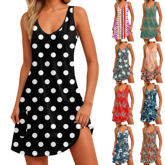Women's Floral Print Sundress with Pockets V Neck Sleeveless Loose Summer Boho Beach T-Shirt Dress Casual Swing Tank Mini Dress Black L