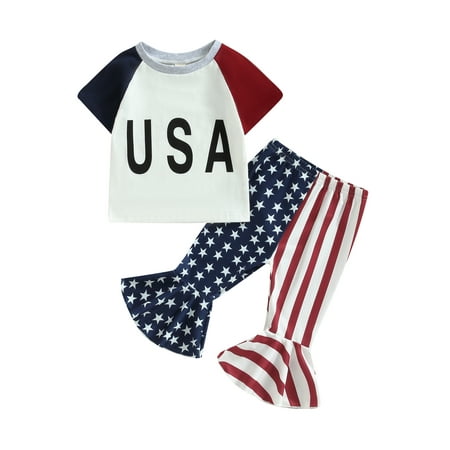 

Blotona 4th of July Toddle Girls Pants Set Independence Day Clothes Short Sleeve Crew Neck Letters Print T-shirt+Stars Stripes Print Flare Pants 2Pcs Baby Summer Casual Outfits 6M-4T