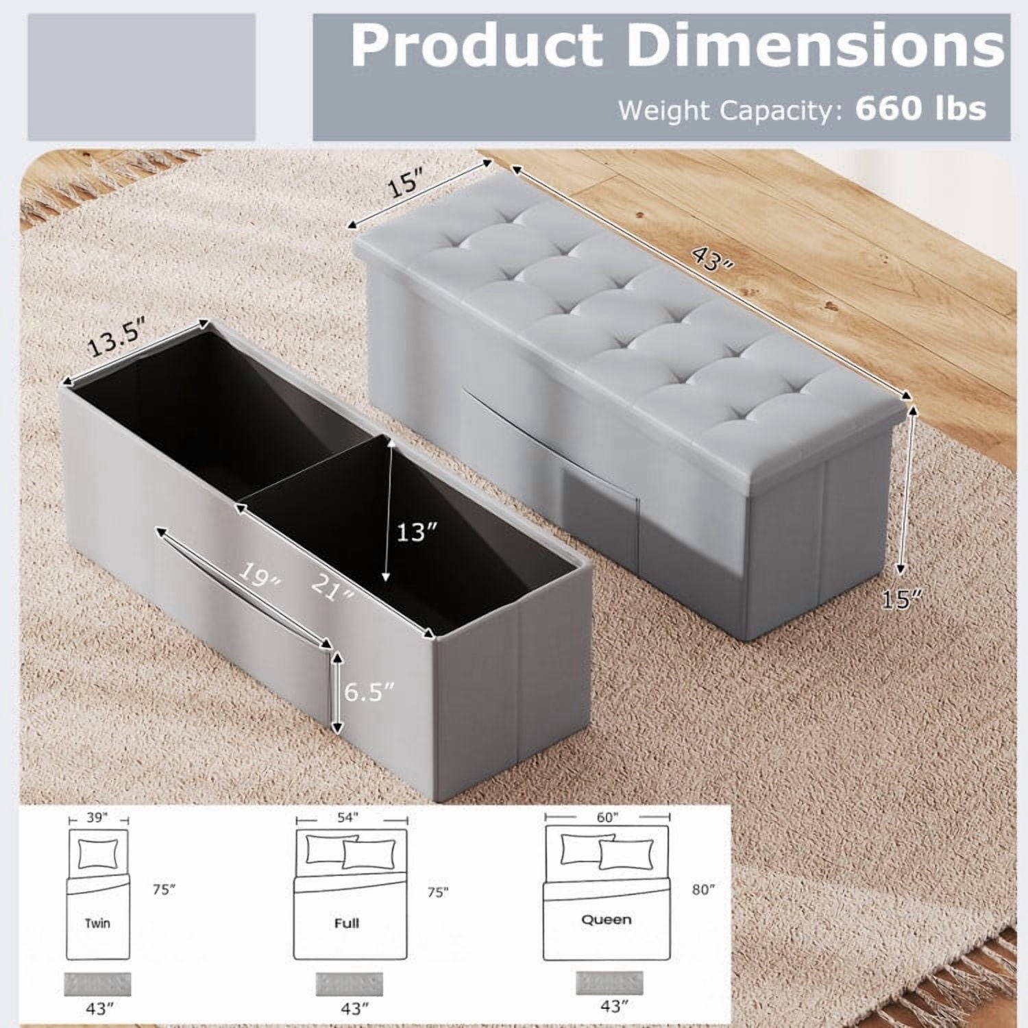 Kadyn Morden Bedroom Bench, 43" Folding Storage Ottoman Bench, End of Bed Bench for Bedroom, Entryway, Gray