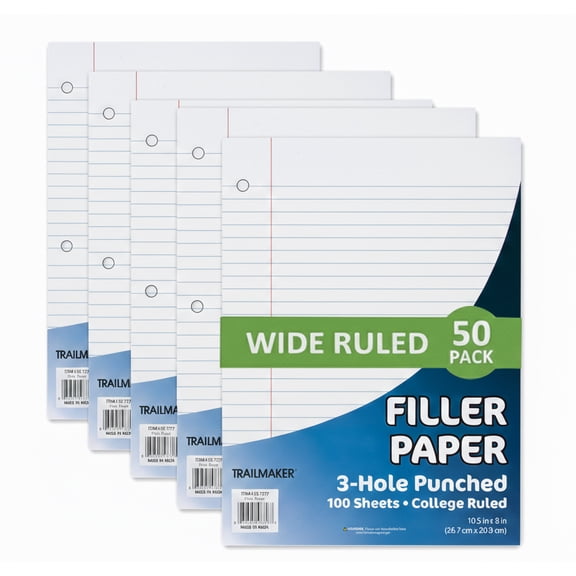 Trailmaker College Rule Filler Paper, 10.5" x 8", White, 100 Sheets, 50 Pack