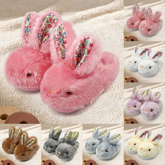 Hpapadks Girls Slippers Winter Rabbit Shoes Cozy Indoor Outdoor Soft Warm Fuzzy Comfortable Shoes for Girls Brown
