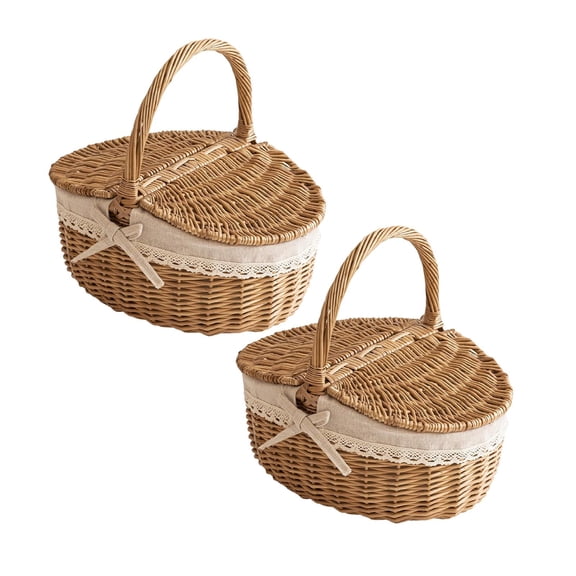 2Pcs Wicker Picnic Basket With Removable Liner, Empty Picnic Baskets With Lid, Vintage-Style Picnic Hamper With Folding Woven Handle For Picnic, Camping, Outdoor, Halloween, Thanks Giving, Birthday