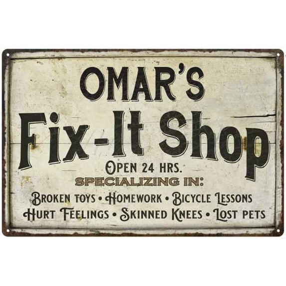 OMAR'S Fix-It Shop Sign Grandpa Dad Wall Decor 12 x 18 Matte Finish Metal 112180006343