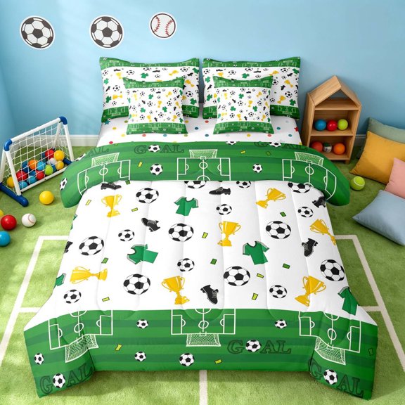 Manfei Soccer Sport Twin Bedding, Football Bedding Comforter Set, Green White Gold, Polka Dots Reversible 7pcs