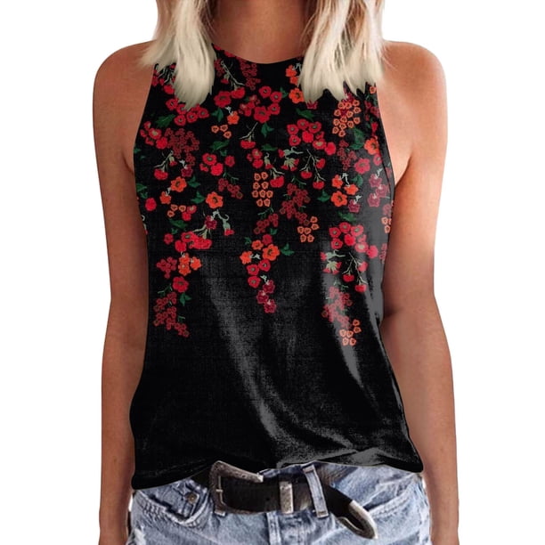 Prolriy - Camisetas de verano para mujer 2024, camisetas sin mangas estampadas, informales, holgadas, de cuello redondo, color negro, talla M