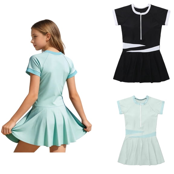 Green Bathing Suit Girls Swimsuit UPF 50 Rash Guard Short Sleeve 1 Piece Swimwear Sporty Zipper Front Swim Dress Beach Swimming Suit 8-9 Years