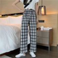 thumbnail image 1 of VISgogo Pantalones rectos de pierna ancha para mujer, pantalones largos casuales de cintura alta con estampado a cuadros y ajuste relajado VISgogo  moda, 1 of 3