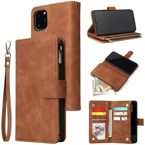 Wallet Case for iPhone 11 Pro, Premium Vintage PU Leather Magnetic Closure Handbag Zipper Pocket Case Kickstand Card Holder Slots with Wrist Strap TPU Shockproof Flip Cover - Brown