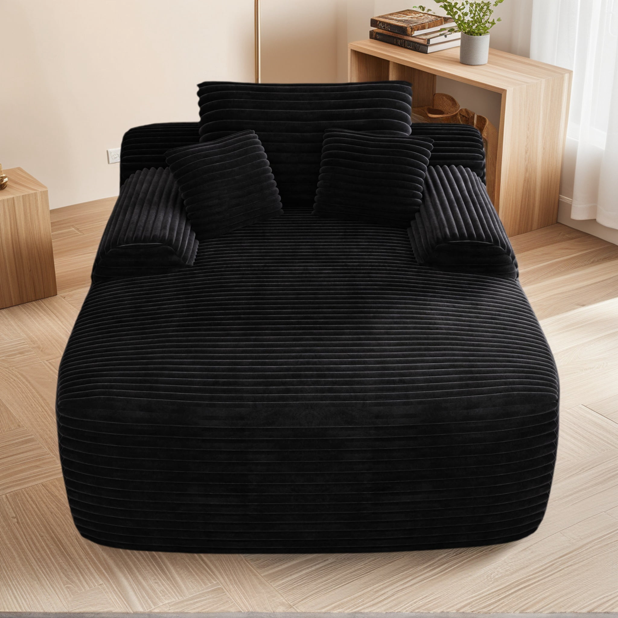 Howcool 65" Oversized Chaise Lounge Chair, Corduroy Boneless Sleeper Sofa Bed with Wide Armrest & Throw Pillows, Deep Seat Lounge Chair for Living Room, Bedroom & Apartment, Black