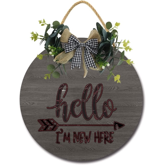 Eveokoki 12" Rustic Hanging Wooden Signs,Hello I'm New Here Family Sign Rustic Wall Decor Indoor and Outdoor Decoration Farmhouse Primitive for Home Wall Sign Door