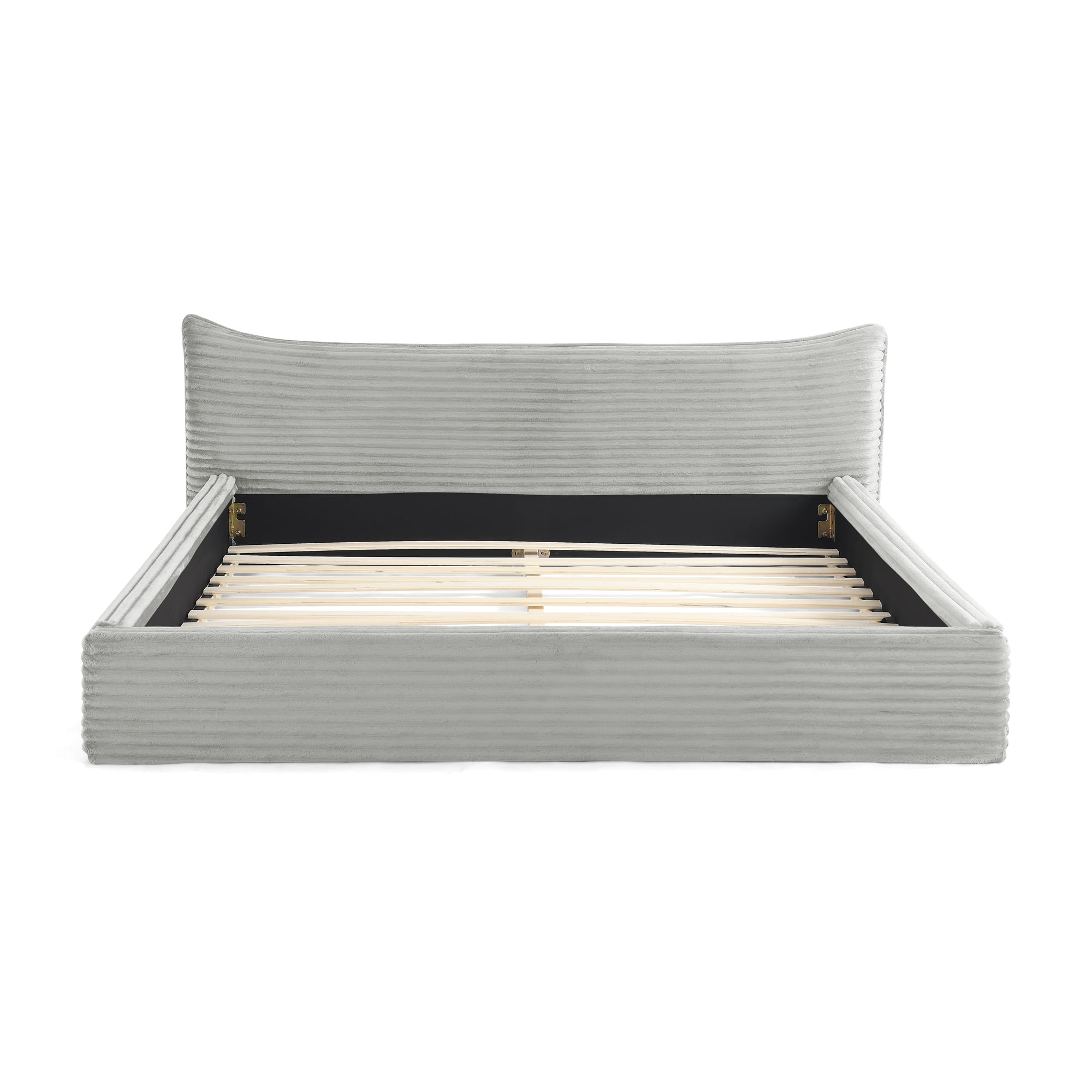 Aukfa Queen Size Upholstered Platform Bed with Curved Headboard, Velvet Fabric Low Profile Bed Frame, No Box Spring Needed, Gray