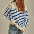 thumbnail image 2 of Htigea Striped Sweaters for Women Stylish V Neck Jumpers Long Sleeve Lapel Pullover Preppy Knit Sweater Tops Light Blue S, 2 of 5