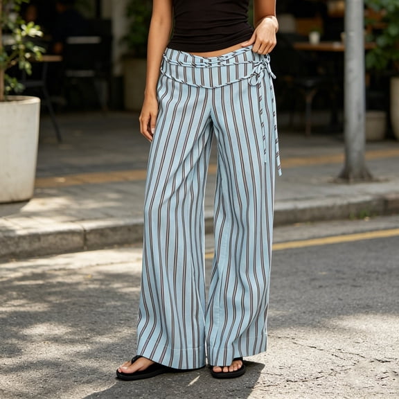 Women's Striped Wide Leg Pants Tie Waist Casual Flowy Trousers Summer Streetwear Beach Vacation Wear Sky Blue M